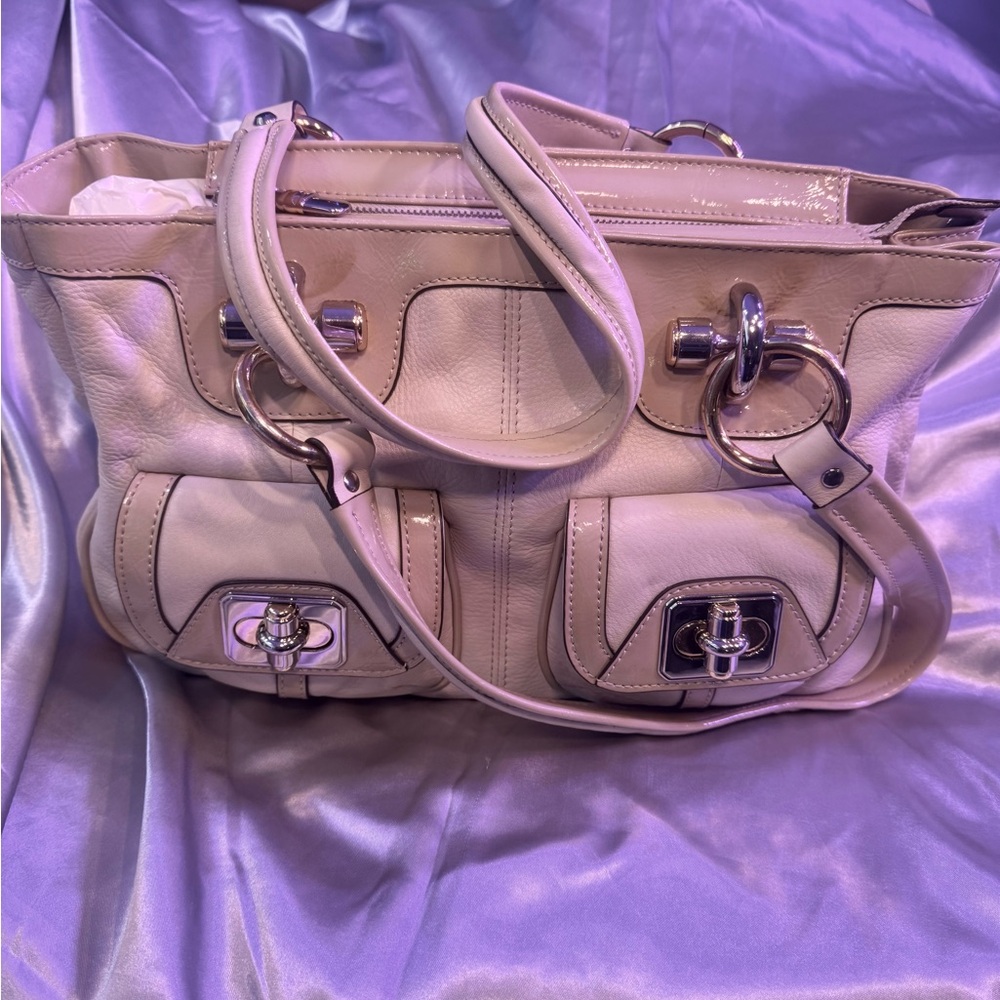 B. Makowsky Cream Leather with Patent Two-Tone Trim Shoulder Bag